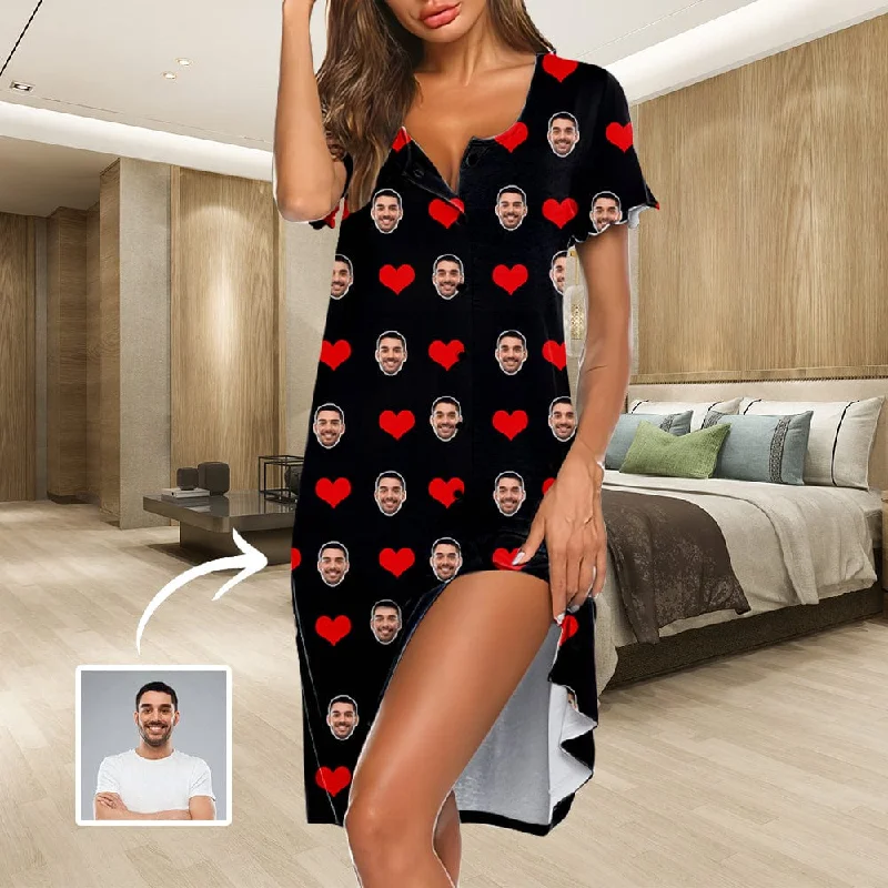 Custom Face Red Love Heart Women's Pajama Dress - Black