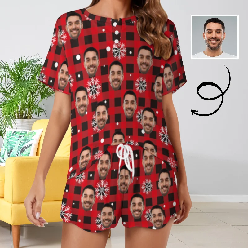 Custom Face Snowflake&Plaid Red Print Pajama Set Women's Short Sleeve Top and Shorts Loungewear Athletic Tracksuits