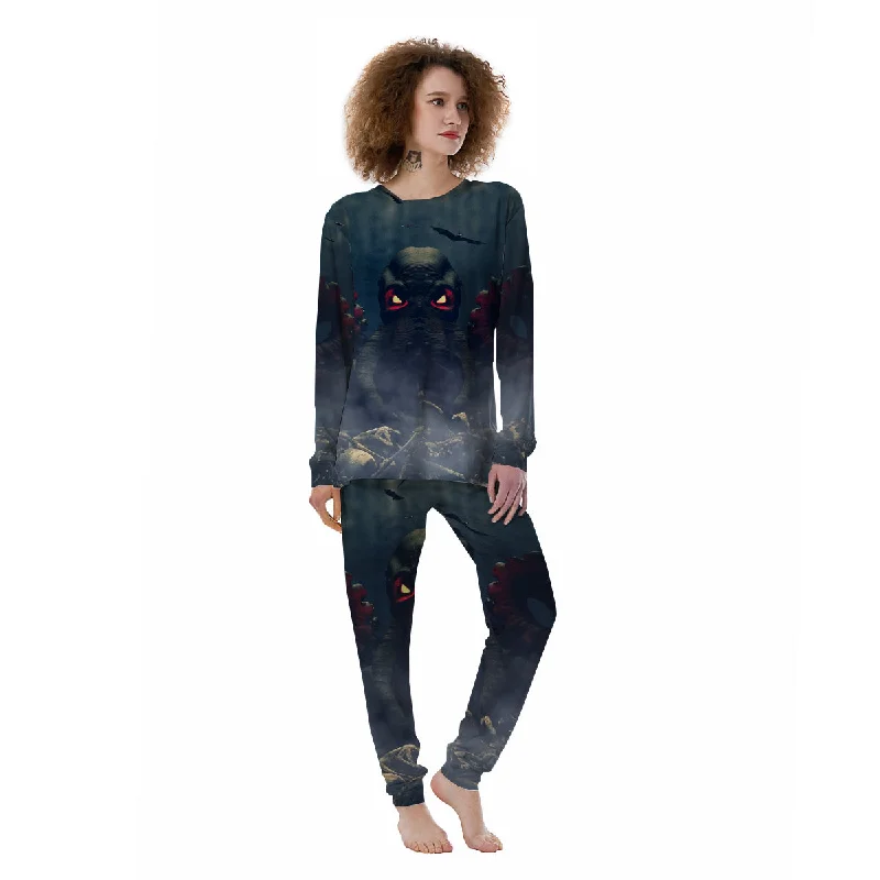 Dark Cthulhu Octopus And Bones Print Women's Pajamas