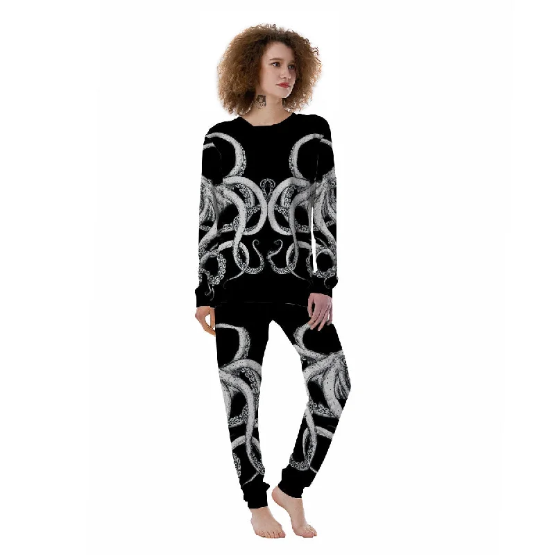 Octopus Tentacles White And Black Print Women's Pajamas