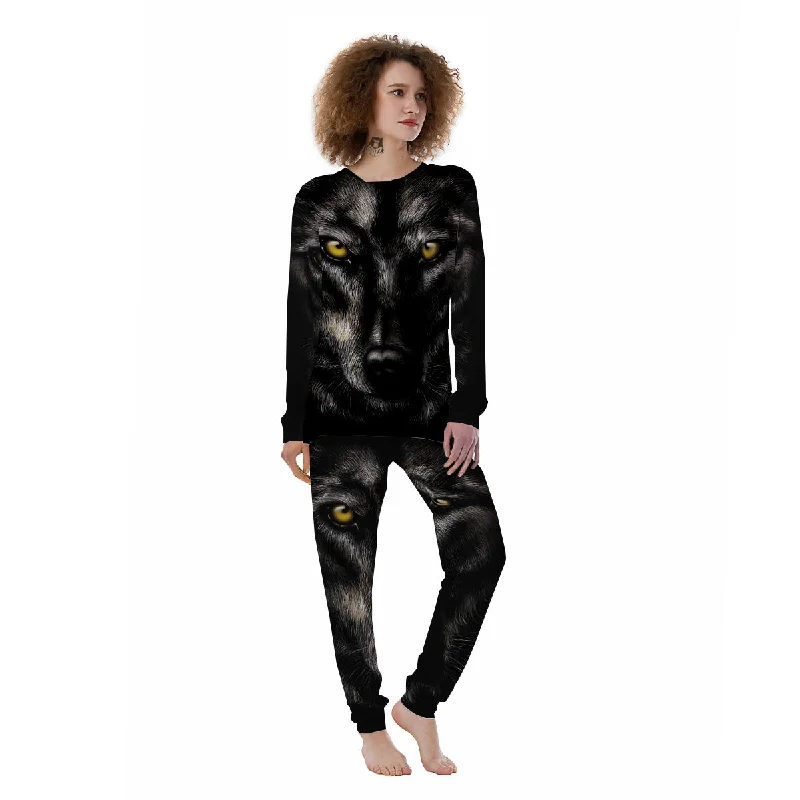 Portrait Black Wolf Print Women's Pajamas