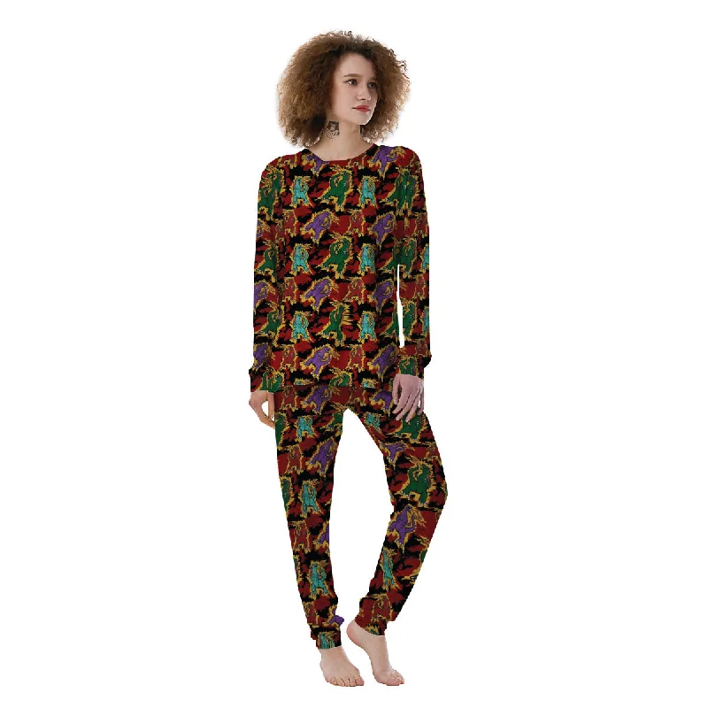 Tie Dye And Godzilla Print Pattern Women's Pajamas