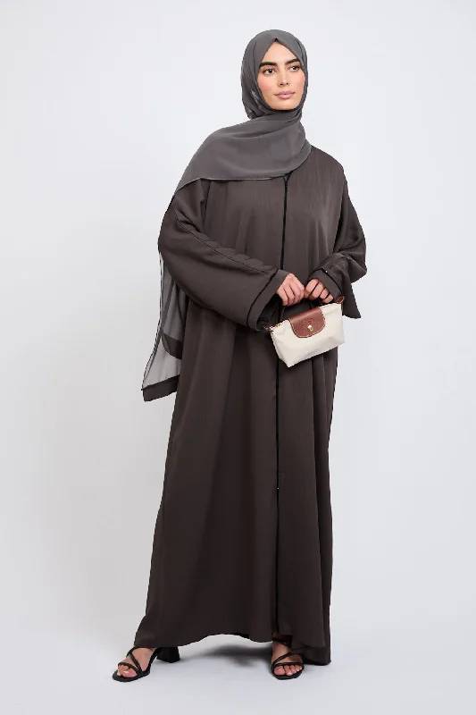 Closed Textured Abaya with Dainty Detailing - Charcoal Brown