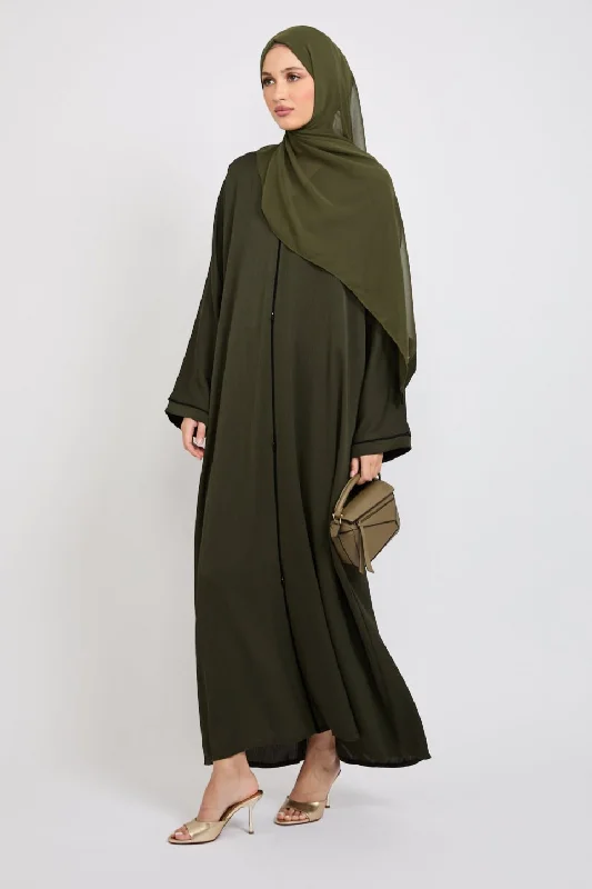 Closed Textured Abaya with Dainty Detailing - Khaki Green