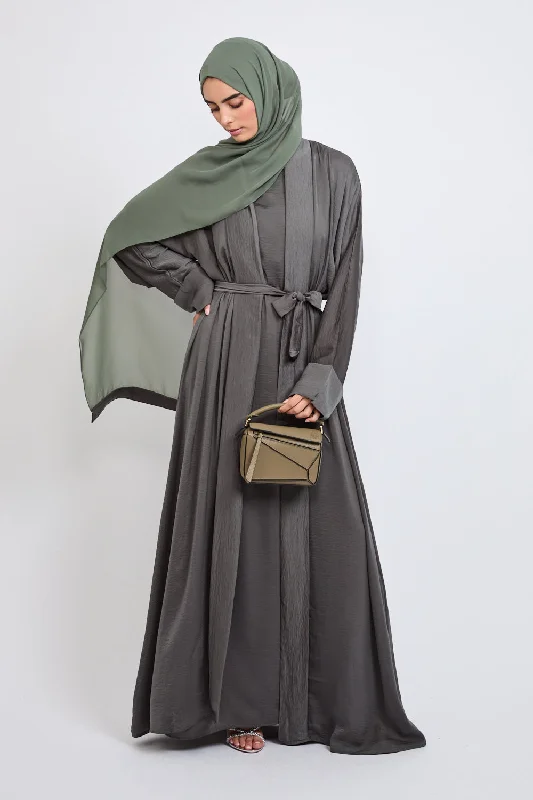 Four Piece Soft Sheen Open Abaya Set - Pewter Green