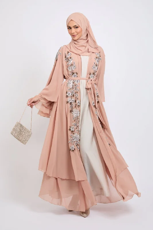 Luxury Almond Nude Floral Embellished Layered Open Abaya