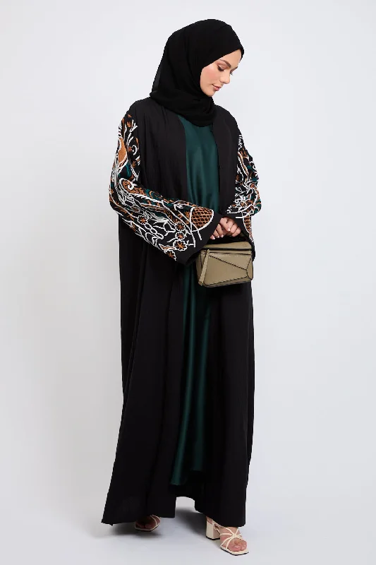 Premium Autumn Floral Embroidered Open Abaya - Black