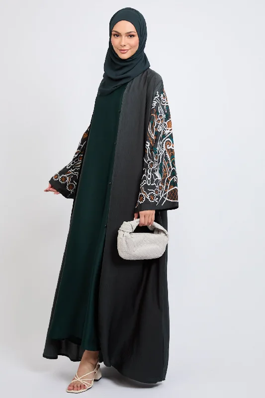 Premium Autumn Floral Embroidered Open Abaya - Forest Green