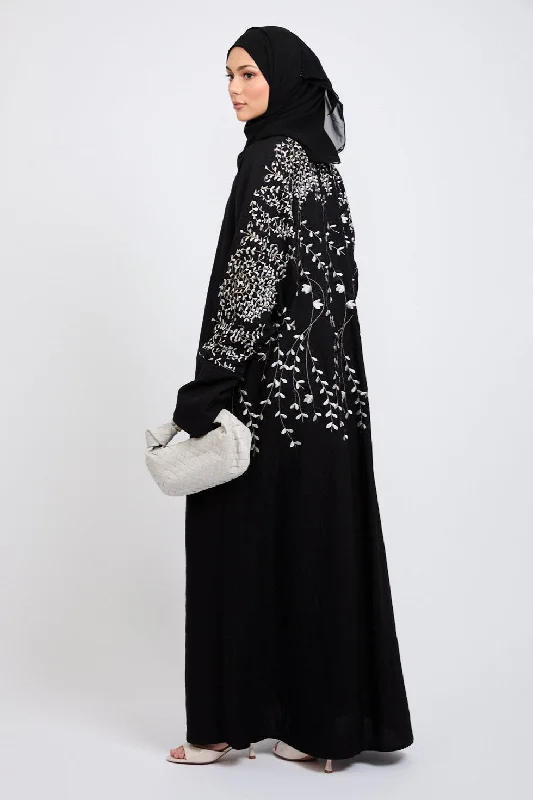 Premium Jasmine Floral Embroidered Open Abaya