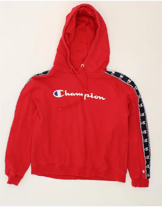 CHAMPION Womens Loose Fit Graphic Hoodie Jumper UK 14 Medium Red Cotton