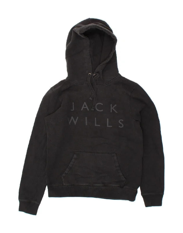 JACK WILLS Womens Oversized Graphic Hoodie Jumper UK 10 Small Black Cotton