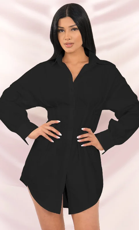 Board Meeting Black Long Puff Sleeve Button Front Cinched Waist Mini Shirt Dress