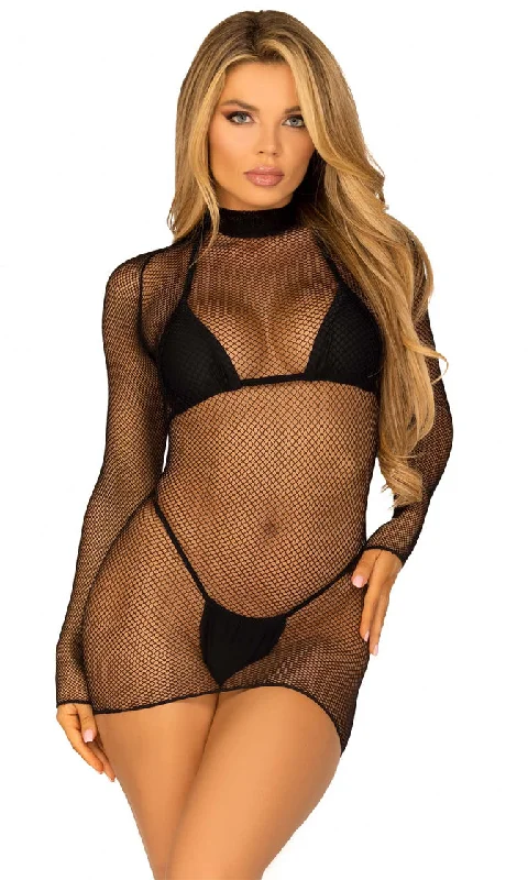 Dancing For Love <br><span>Black Sheer Fishnet Mesh Long Sleeve High Neck Bodycon Lingerie Mini Dress</span>