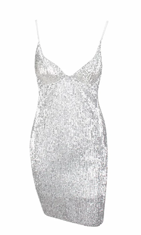 Drawn To You Silver Sequin Sleeveless Spaghetti Strap V Neck Bodycon Mini Dress