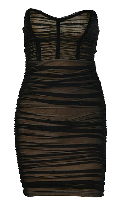 Feeling It Sheer Black Mesh Ruched Strapless V Neck Bodycon Mini Dress