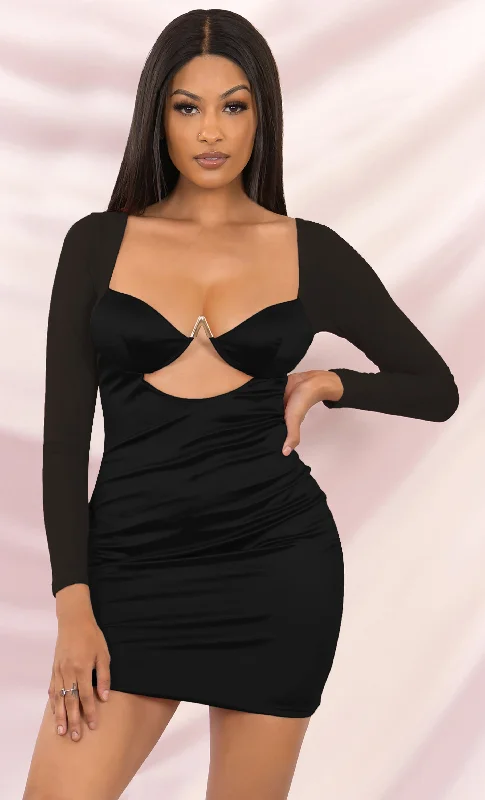 Hard To Believe Black Satin Mesh Long Sleeve Cut Out Metal Padded Bra Cup Bodycon Mini Dress