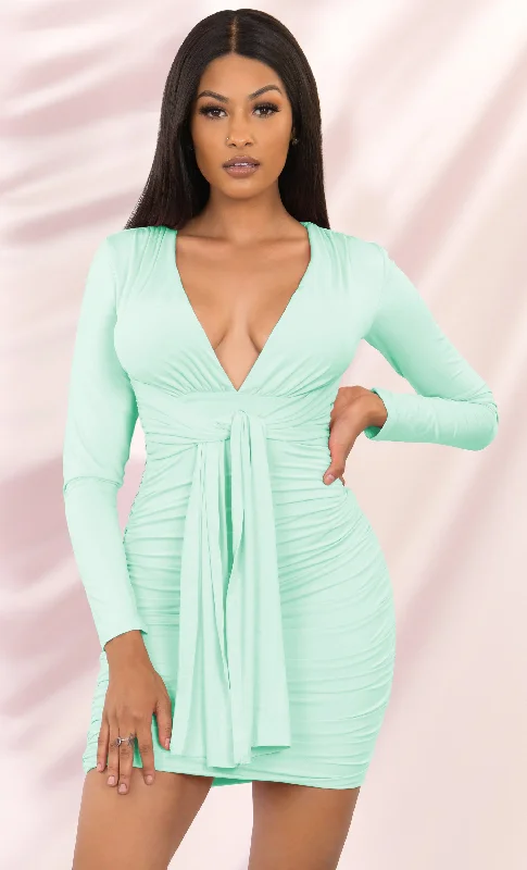 Heaven Sent Mint Green Long Sleeve Stretch Bodycon Ruched Tie Front Waist V Neck Mini Dress