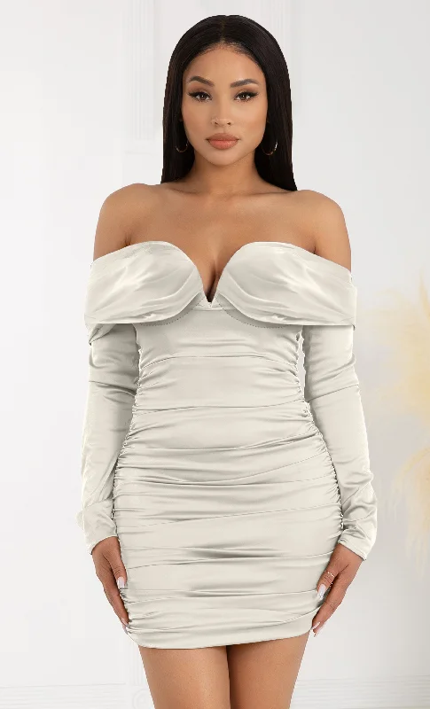 If You Only Knew Beige Satin Long Sleeve Off The Shoulder Folded Draped V Neck Ruched Bodycon Mini Dress