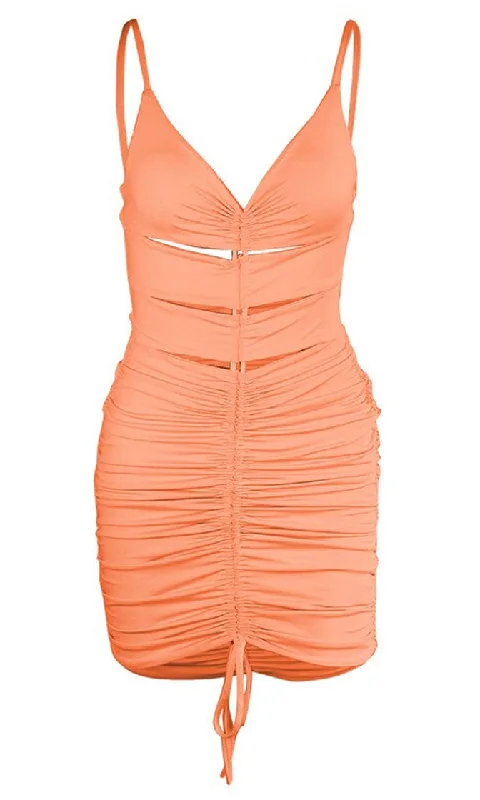 Just For Tonight Sleeveless Spaghetti Strap V Neck Cut Out Ruched Bodycon Mini Dress