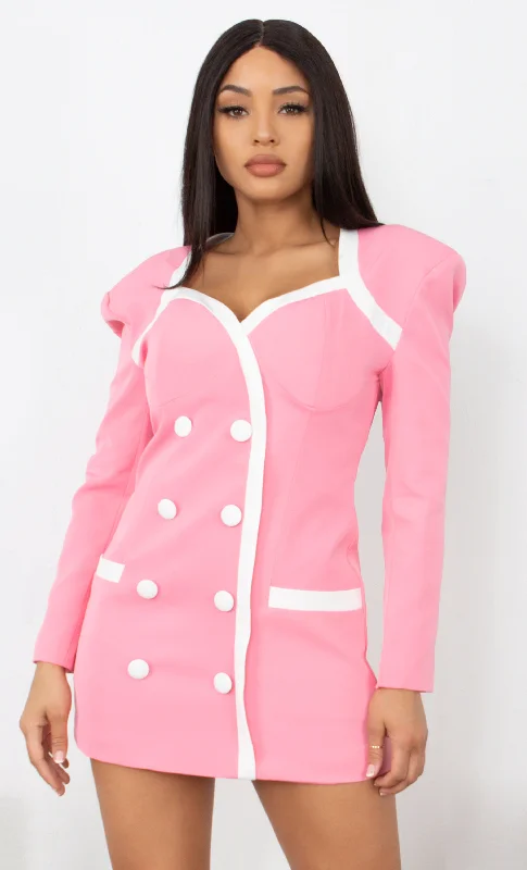 Let's Talk Business Pink Long Sleeve Sweetheart Neckline Button Bandage Bodycon Blazer Mini Dress