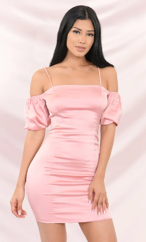 Midsummer Dream Pink Off The Shoulder Puff Short Sleeve Spaghetti Strap Satin Bodycon Mini Dress