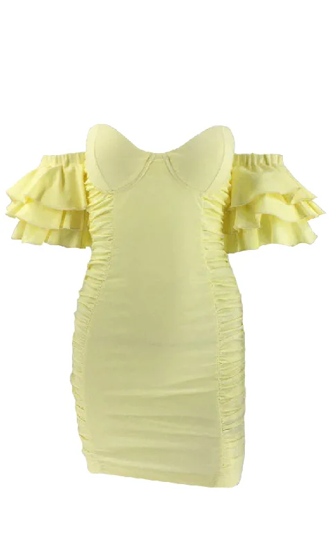 Ready Set Action Tiered Ruffle Off The Shoulder Short Sleeve V Neck Ruched Bodycon Mini Dress - 2 Colors Available