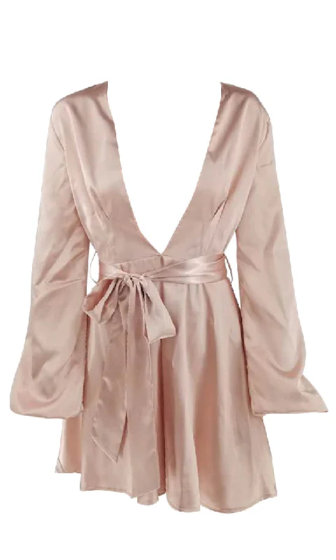 Rolling With It Satin Long Lantern Sleeve Plunge V Neck Cut Out Back Tie Waist Flare A Line Mini Dress