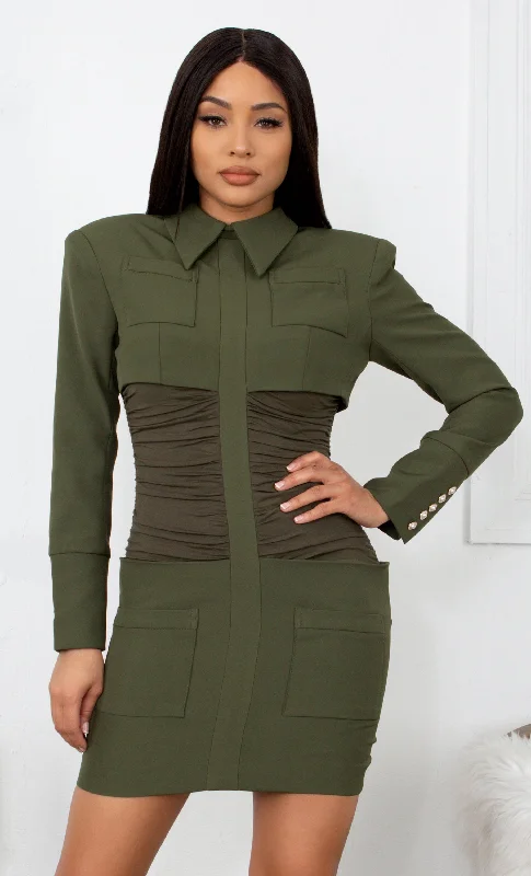 Talk Business Military Army Green Long Sleeve Collar Pocket Ruched Waist Bodycon Mini Dress