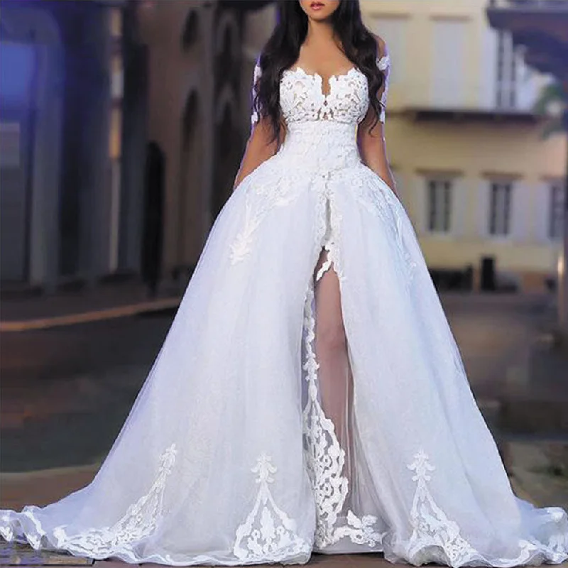 boho wedding dresses 2020 vestido de novia lace appliqué long sleeve elegant wedding gown with removable train