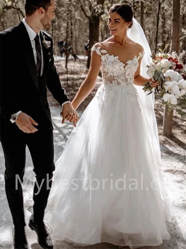 Elegant V-neck Off shoulder  A-line lace applique Wedding Dresses, WDY0281