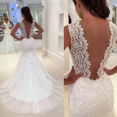 mermaid wedding dresses boho lace appliqué v neck beaded elegant sleeveless wedding gown