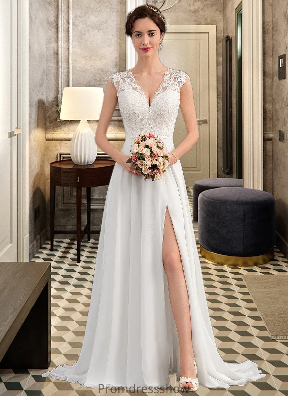 Valentina A-Line V-neck Sweep Train Chiffon Wedding Dress With Split Front STKP0013782