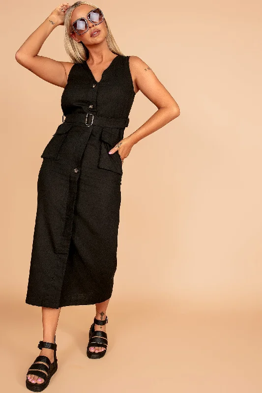 Verna Black Linen Belted Dress