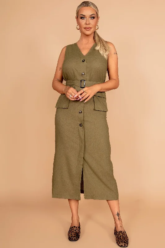 Verna Khaki Linen Belted Dress