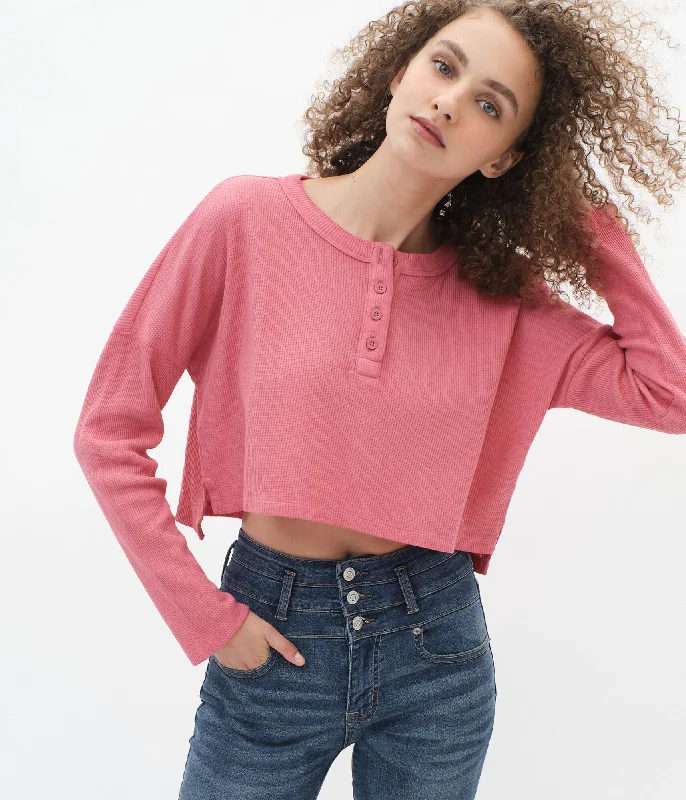 Aeropostale Long Sleeve Boxy Cropped Henley Waffle Tee