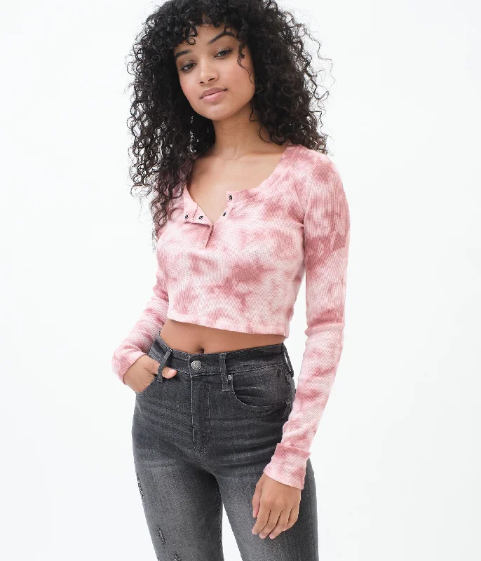 Aeropostale Long Sleeve Tie-Dye Cropped Thermal Henley