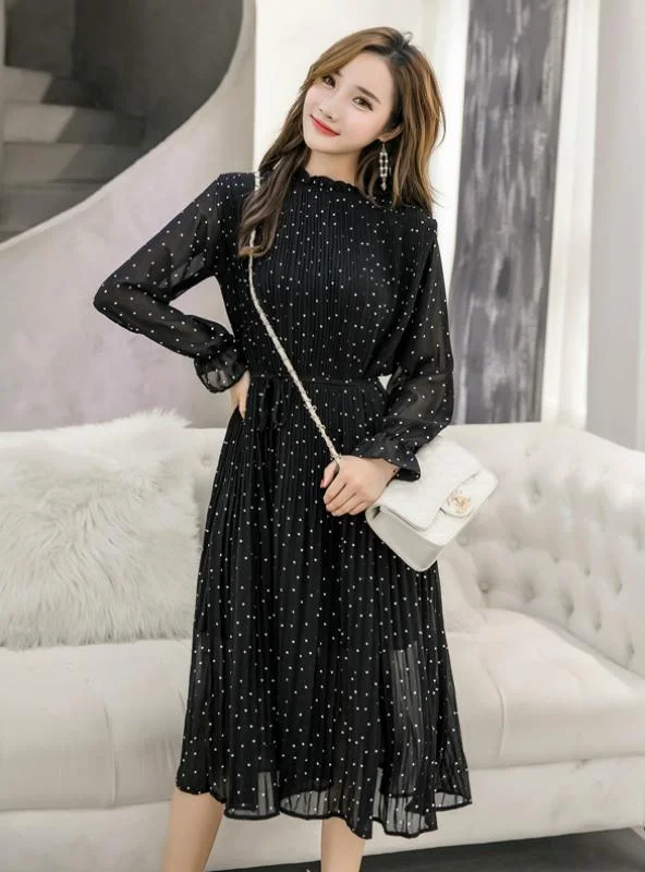 BLACK VINTAGE CLOTHES SPRING LADY LONG CHIFFON DRESS