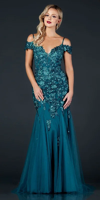 Aspeed L2170 Cold-Shoulder Appliqued Long Mermaid Dress