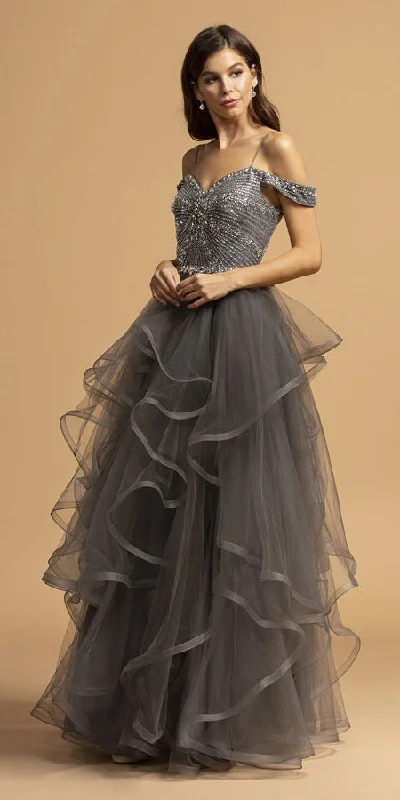 Aspeed L2161 Long A-Line Cold Off Shoulder Tiered Prom Dress