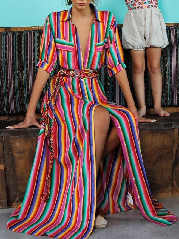 Cute Bohemia Striped Shirt Maxi Dress