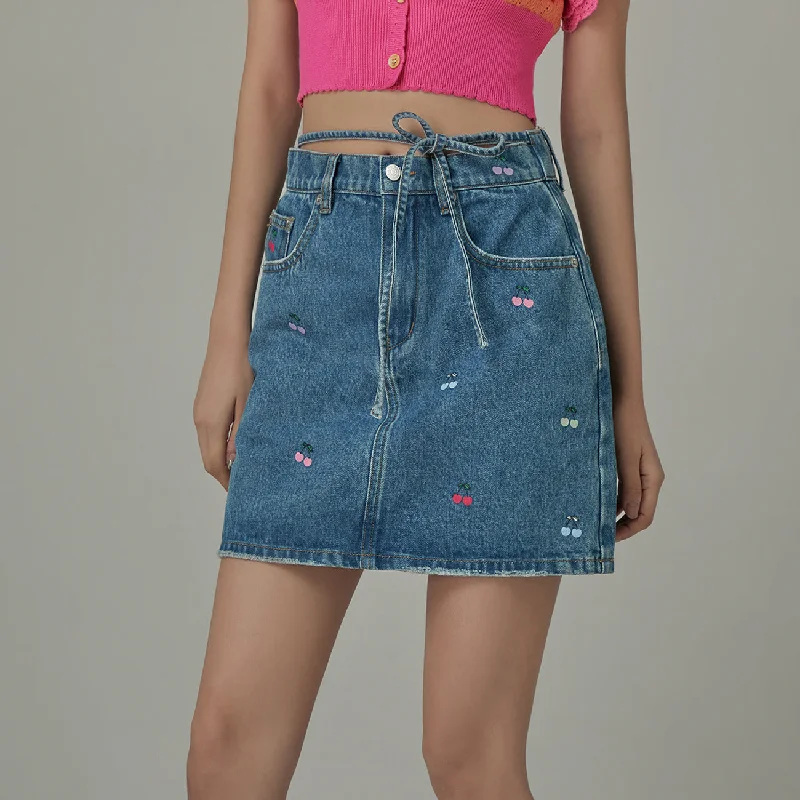 Multi Color Cherry Ribbon Tie Denim Mini Skirt