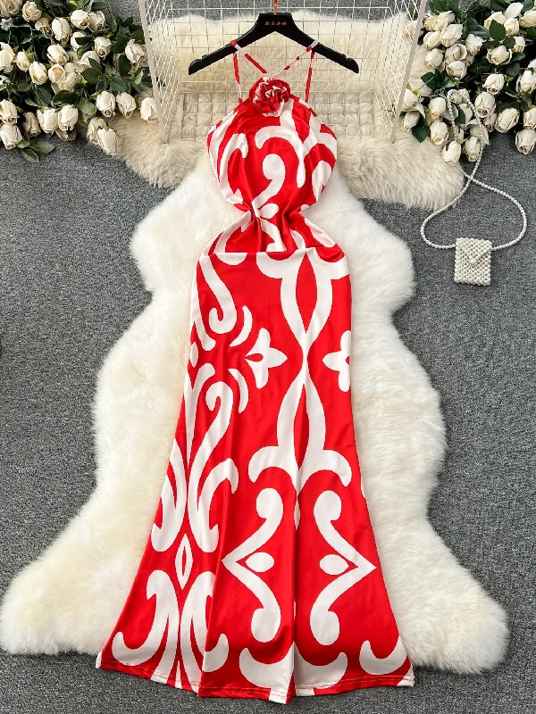 Eye-Catching White Geometric Red Maxi Dress