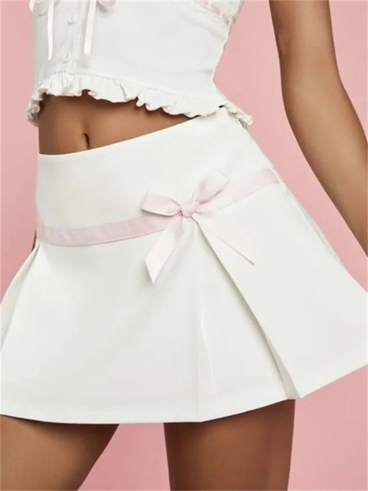 JuliaFashion - Fashion Summer Short Mini Low Waist White Bowknot Patchwork Pleated Party Club Streetwear Skirts