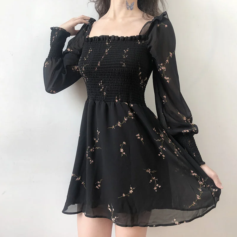 Flower Long Puff Sleeve Chiffon Dress AD11381