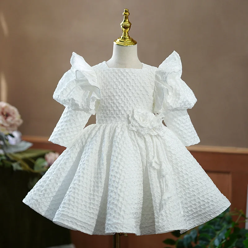 Flower Girl Dress Toddler Princess White Long Sleeve Puffy Baptism Pageant CommunionChristening Dress