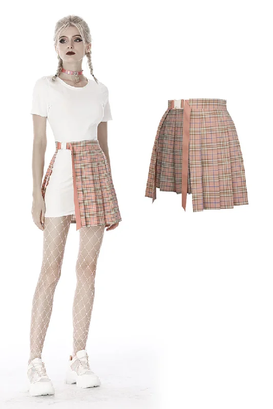 Pink checked hollow out pleated short skirt KW171