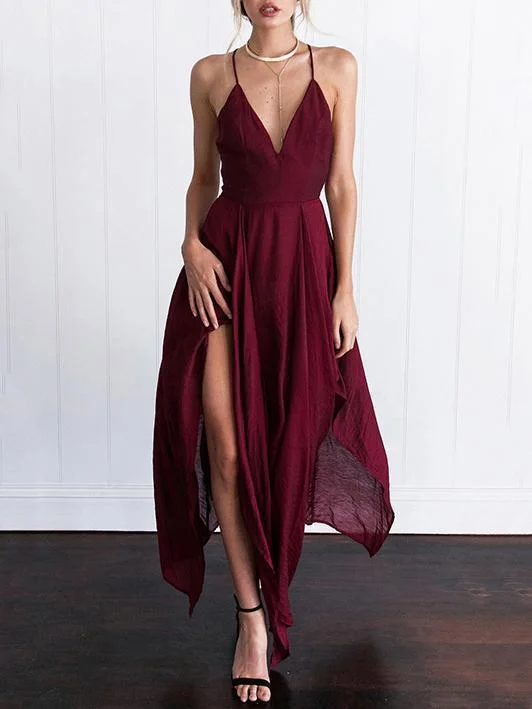 Spaghetti-neck Cropped Split-side Burgundy Maxi Dress