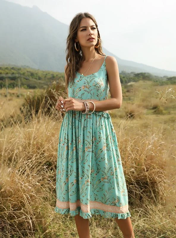 WOMEN FLORAL-PRINT SPLIT-JOINT SPAGHETTI MAXI DRESS