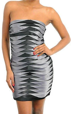 Dress Cocktail Sexy Gray Black Strapless Layered Sateen Satin Ruffle