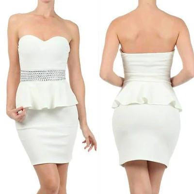 Dress Peplum Cocktail White Sexy Rhinestone Strapless Sweetheart Stretch